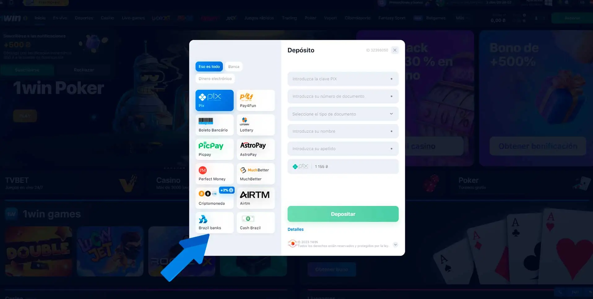 Depósito en el sitio web del casino