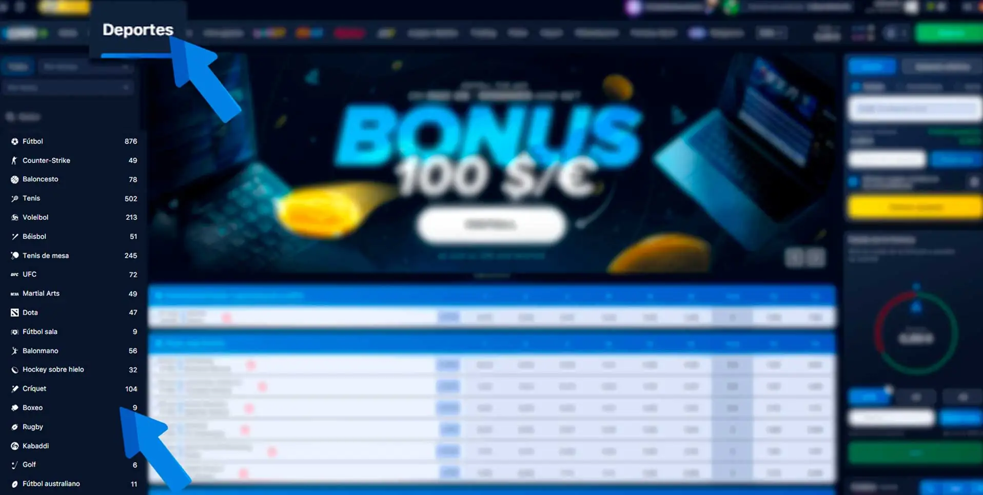 Sección de apuestas deportivas y selección